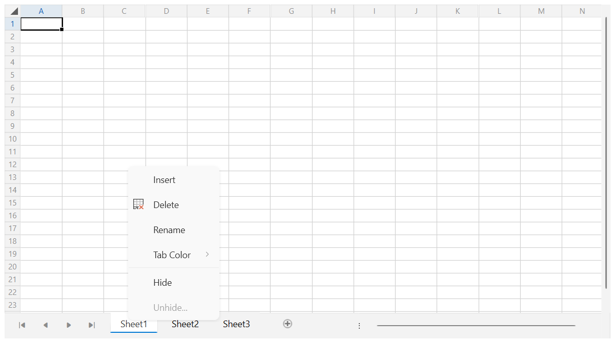 A picture showing WPF RadSpreadsheetSheetSelector's context menu