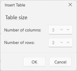 An image showing the insert tables dialog of RadRichTextBox for WPF