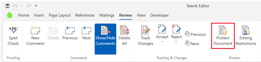 An image showing the button that opens the protect document dialog of RadRichTextBox for WPF