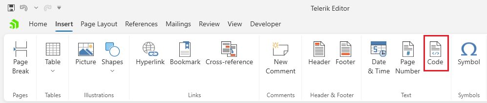 An image showing the button that opens the format code block dialog of RadRichTextBox for WPF