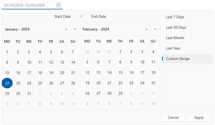 A picture showing WPF RadDateRangePicker with Monday as the first day of the week