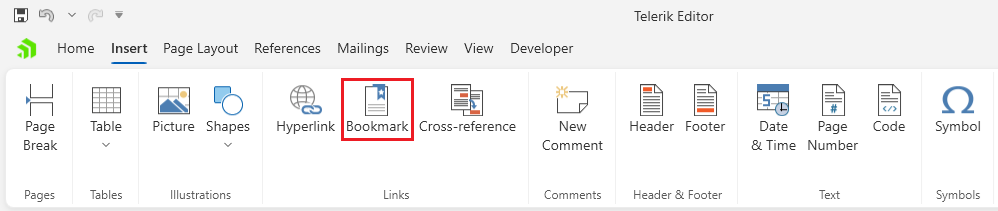 An image showing the button that opens the bookmarks dialog of RadRichTextBox for WPF