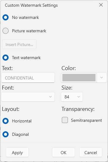 An image showing the watermark settings dialog of RadRichTextBox for WPF