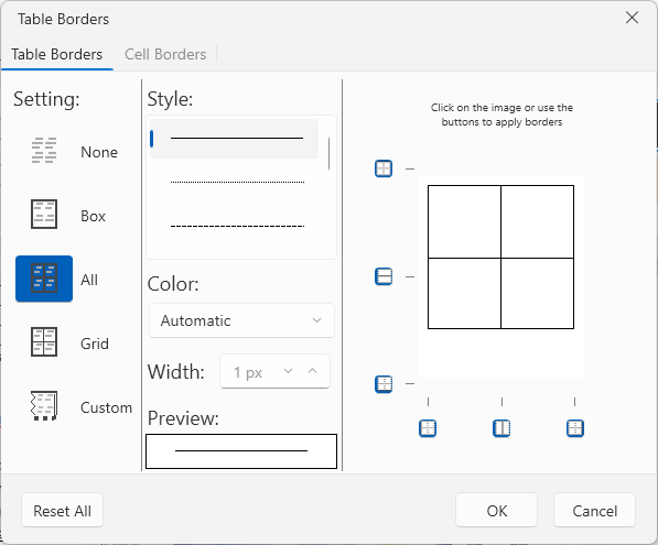 An image showing the table borders dialog of RadRichTextBox for WPF