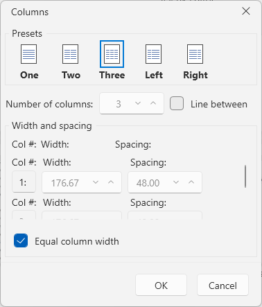 An image showing the section columns dialog of RadRichTextBox for WPF