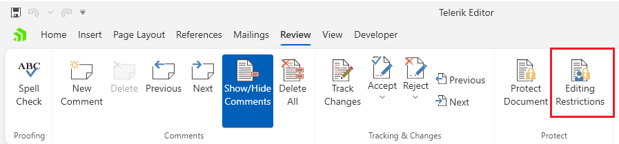 An image showing the button that opens the editing restrictions dialog of RadRichTextBox for WPF