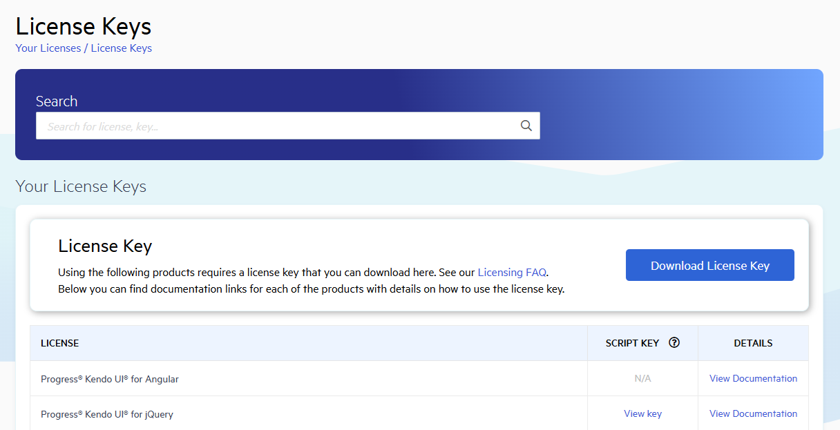 Picture showing the License Keys page