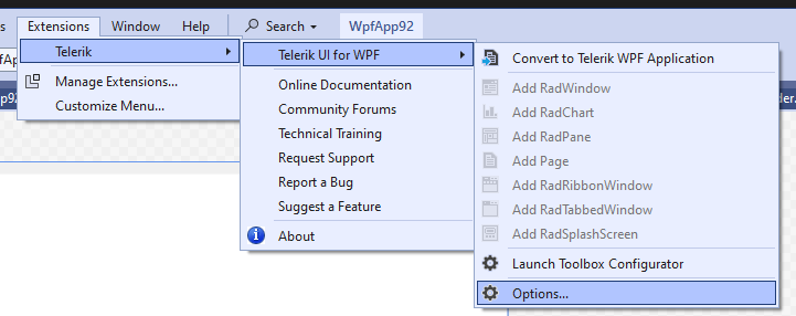 VSExtentions Options Dialog Menu