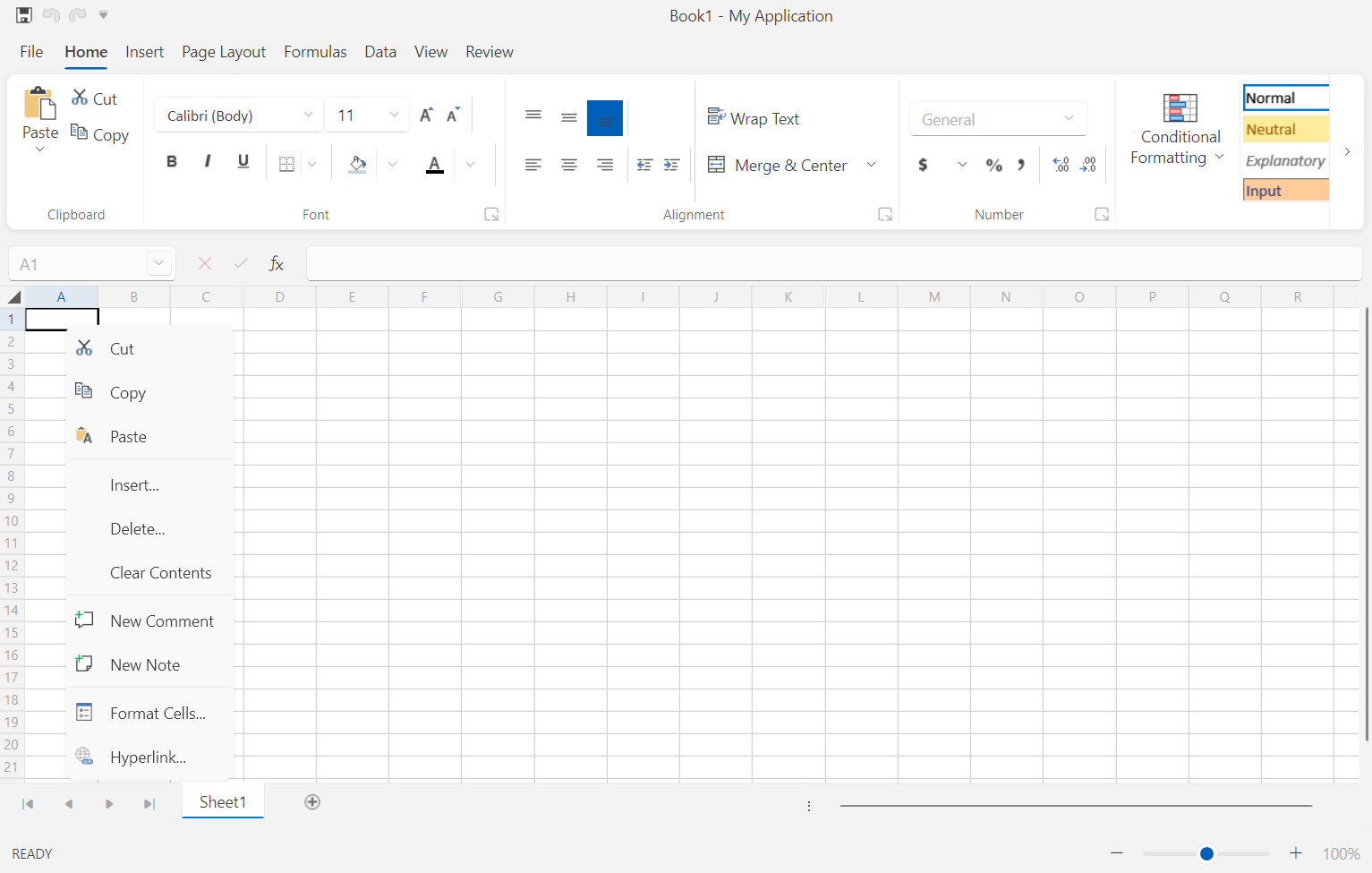 RadSpreadsheet with default UI and context menu