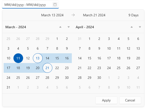 Picture showing WPF RadDateRangePicker without the data ranges panel
