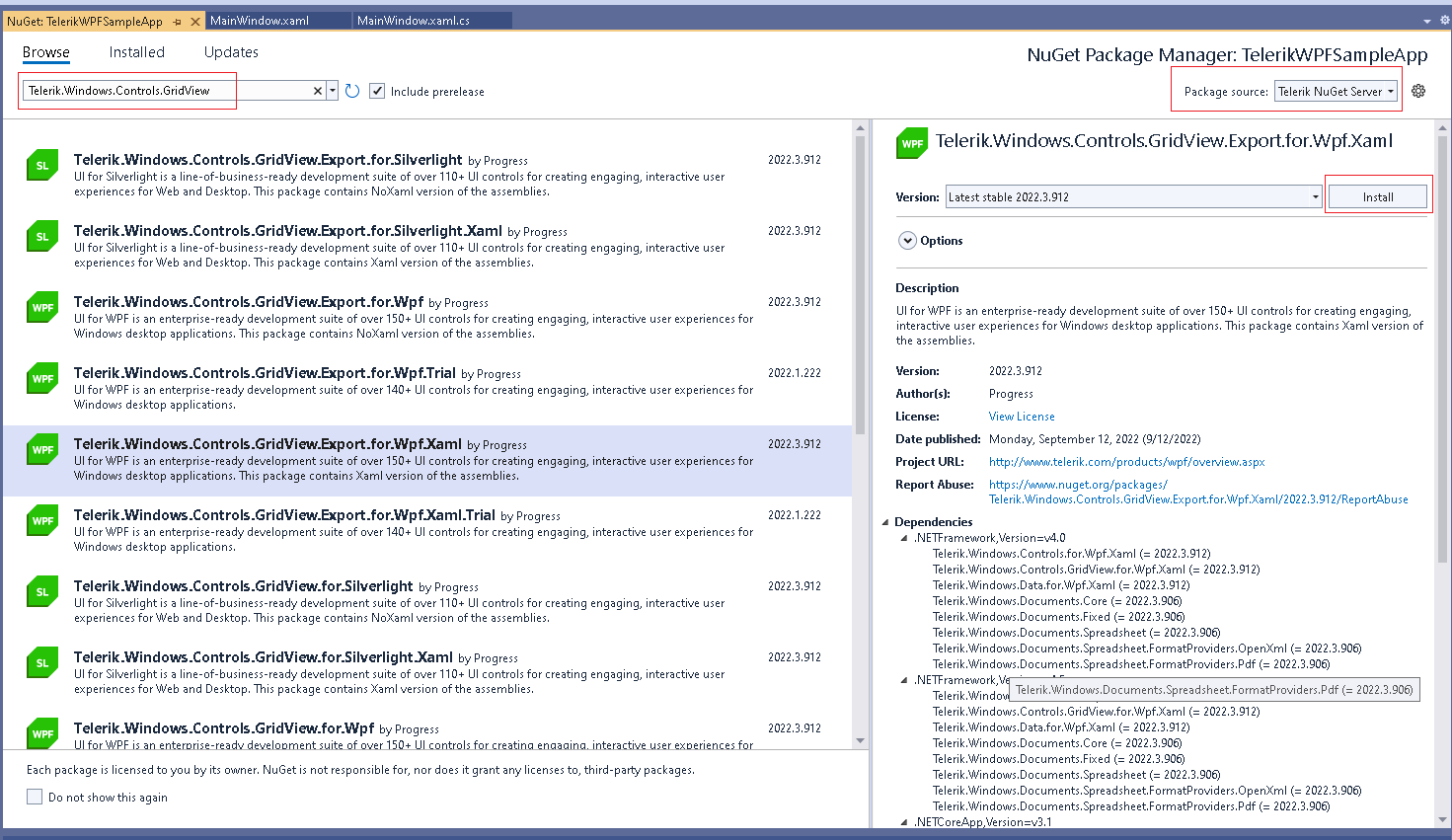 WPF Installing Telerik Package