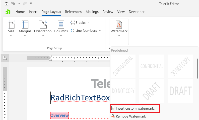An image showing the button that opens the watermark settings dialog of RadRichTextBox for WPF