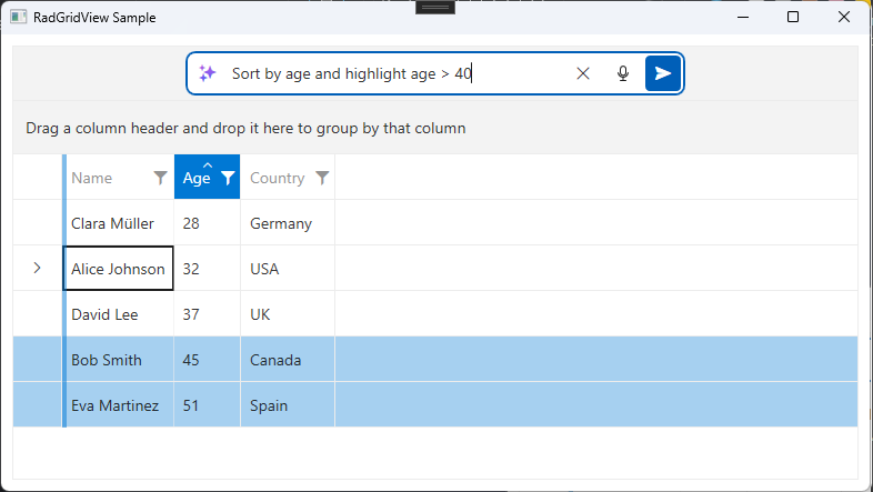 A picture showing RadGridView with AI features enabled panel