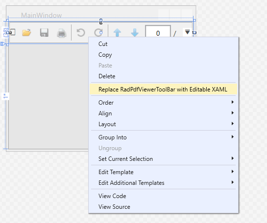 WPF RadPdfViewer Replace RadPdfViewerToolBar with Editable XAML option of the Visual Studio Designer's context menu