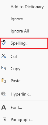 An image showing the context menu that opens the spell checking dialog of RadRichTextBox for WPF