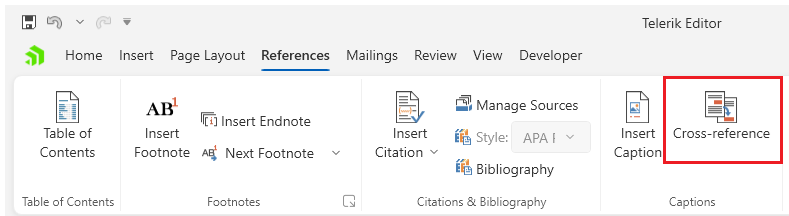 An image showing the button that opens the cross reference dialog of RadRichTextBox for WPF