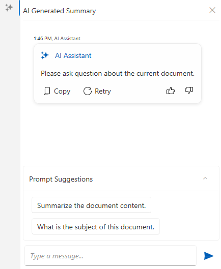 A picture showing RadPdfViewerNavigationPane with ai summarization tab enabled