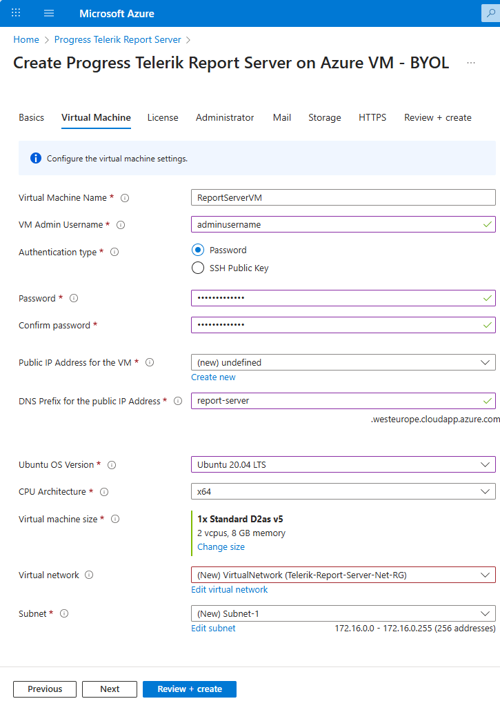 Configuring the Virtual Machine section of the Report Server .NET resource on Azure Marketplace.