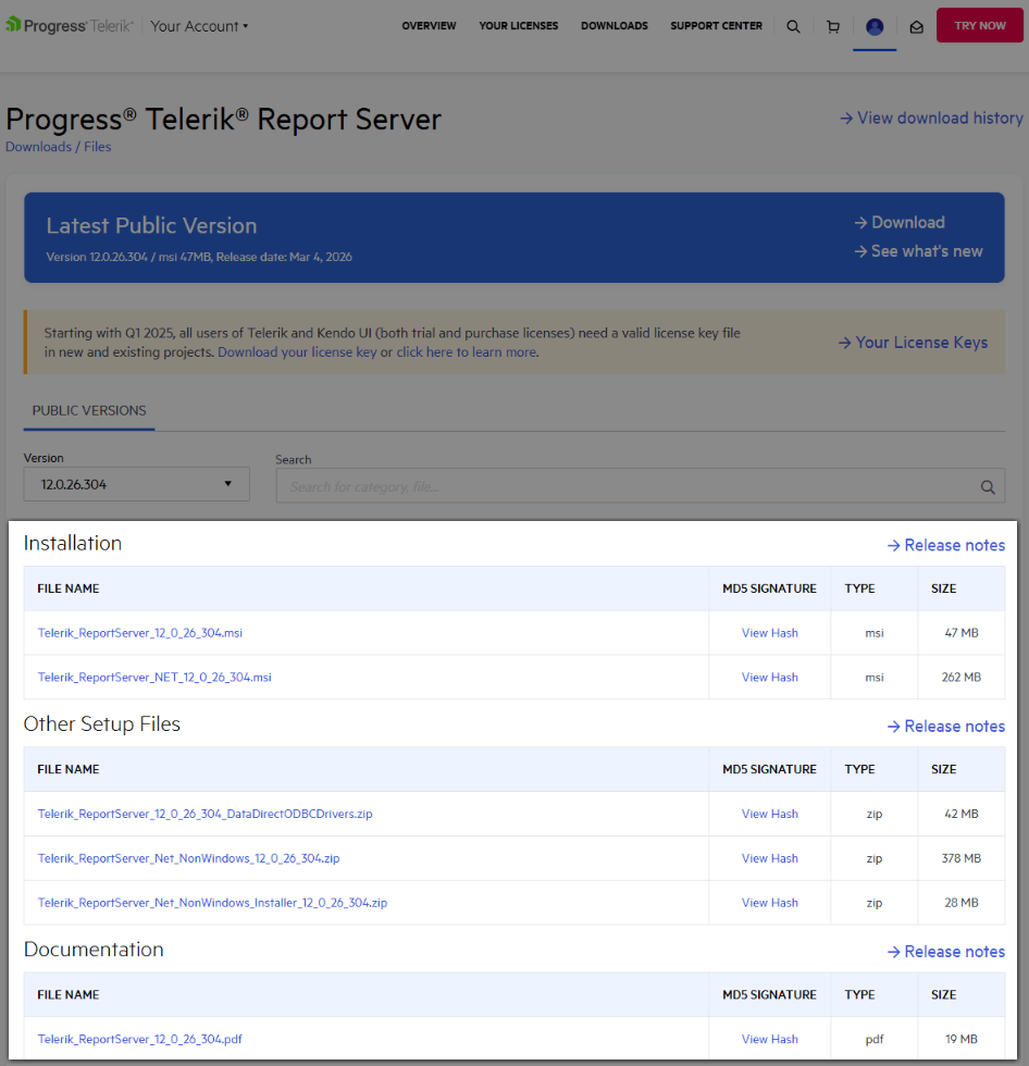 Select the Report Server installation files to download from your account Product Files page.