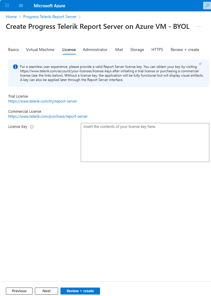 Configuring the License section of the Report Server .NET resource on Azure Marketplace.