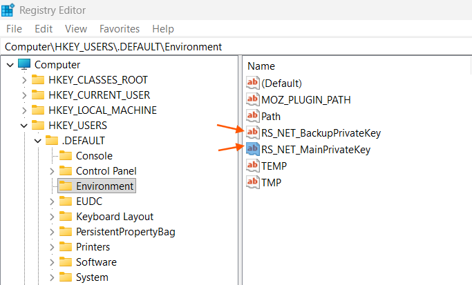 The default user's environment variables loaded in the Registry Editor GUI