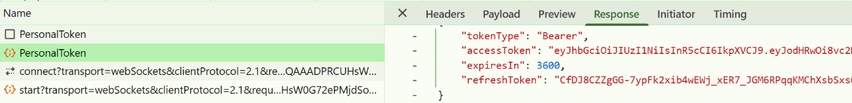 The response to the 'PersonalToken' request from the Report Server for .NET with a couple of short-lived tokens.