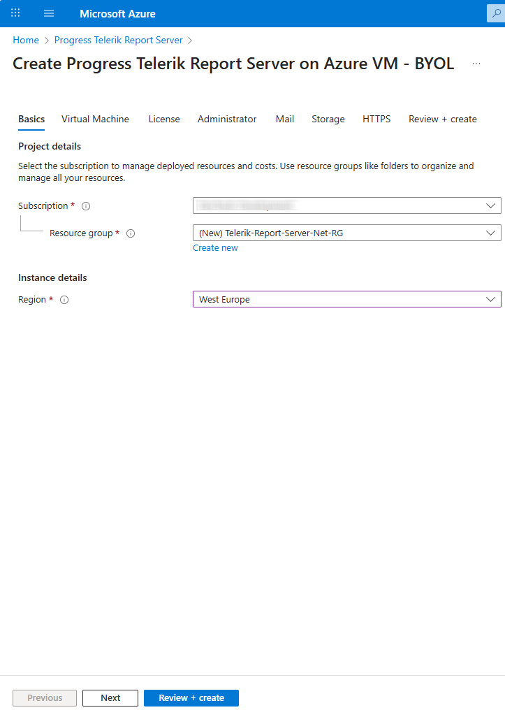 Configuring the Basics section of the Report Server .NET resource on Azure Marketplace.
