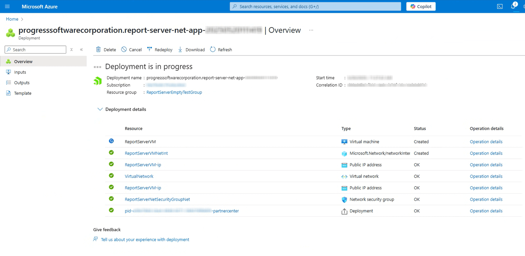 The deployment of the Report Server .NET on Azure Marketplace is in progress.