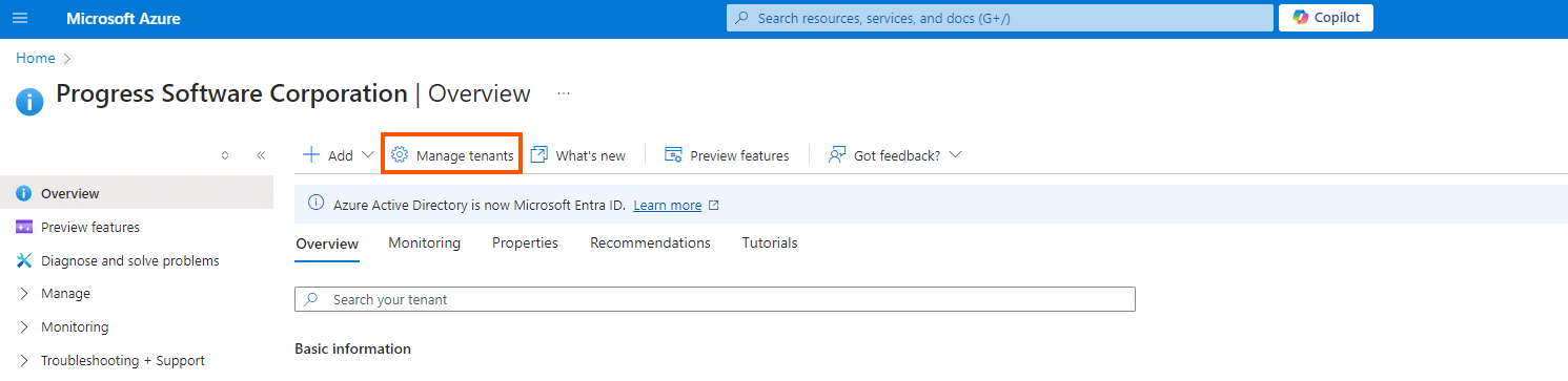 Location of the Manage Tenant button in the Azure portal.