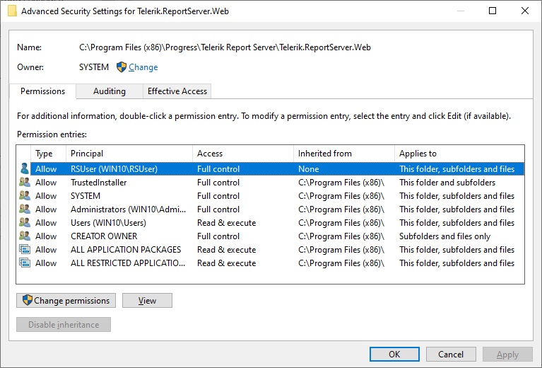 Allowing full control for the Telerik.ReportServer.Web and Services sub-folders of the Report Server installation folder to the new user.