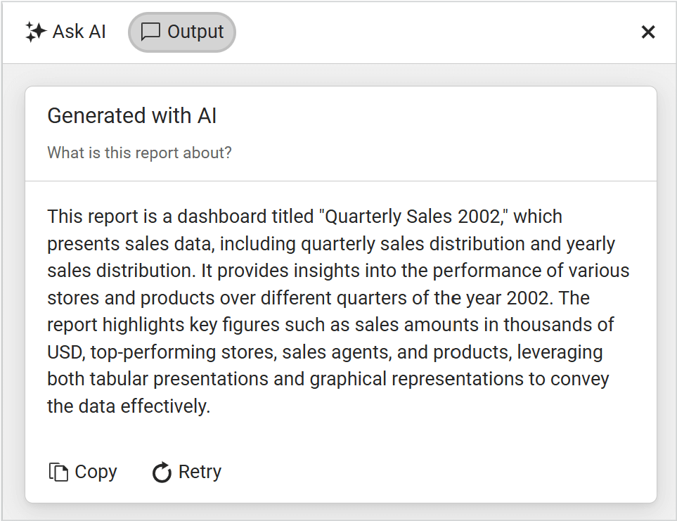 An Image of how the Ask AI Prompt will look when the output has been generated in the Report Server