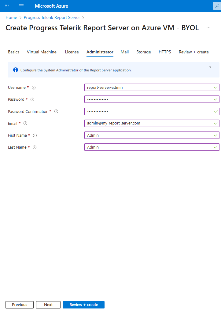 Configuring the Administrator section of the Report Server .NET resource on Azure Marketplace.