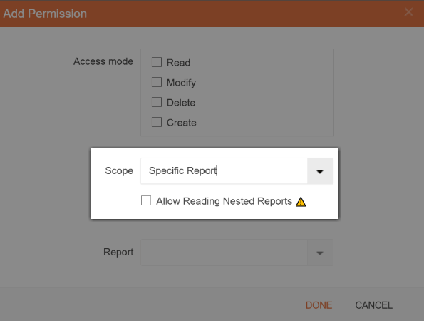 The Allow Reading Nested Reports permission in the scope of the Specific Report.