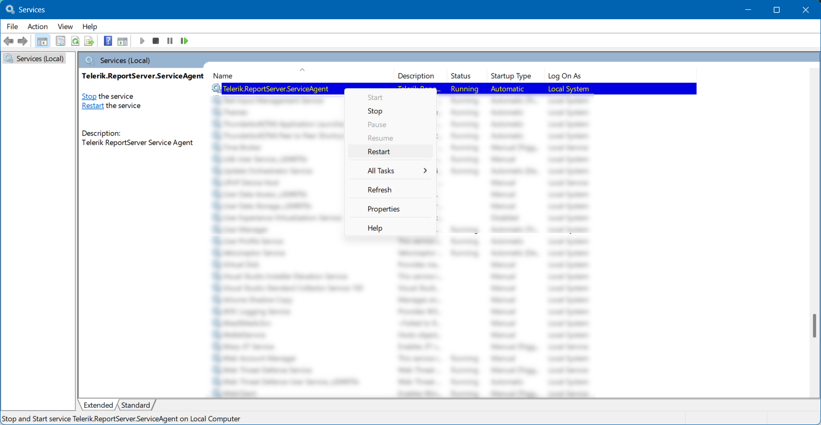 An image displaying how to restart the Telerik.ReportServer.ServiceAgent process from the Windows Services app.