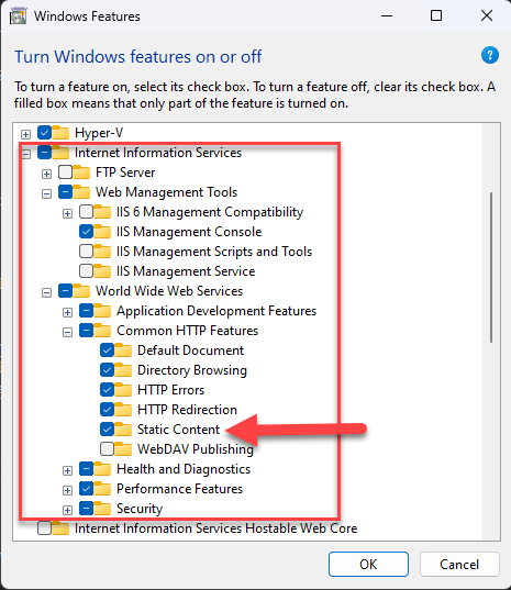 An image demonstrating how to enable static content to be served over HTTP in IIS
