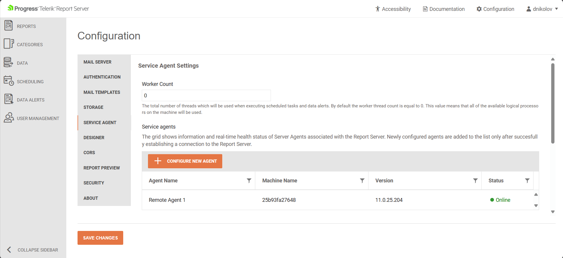 Server Agents Configuration page with one agent created.