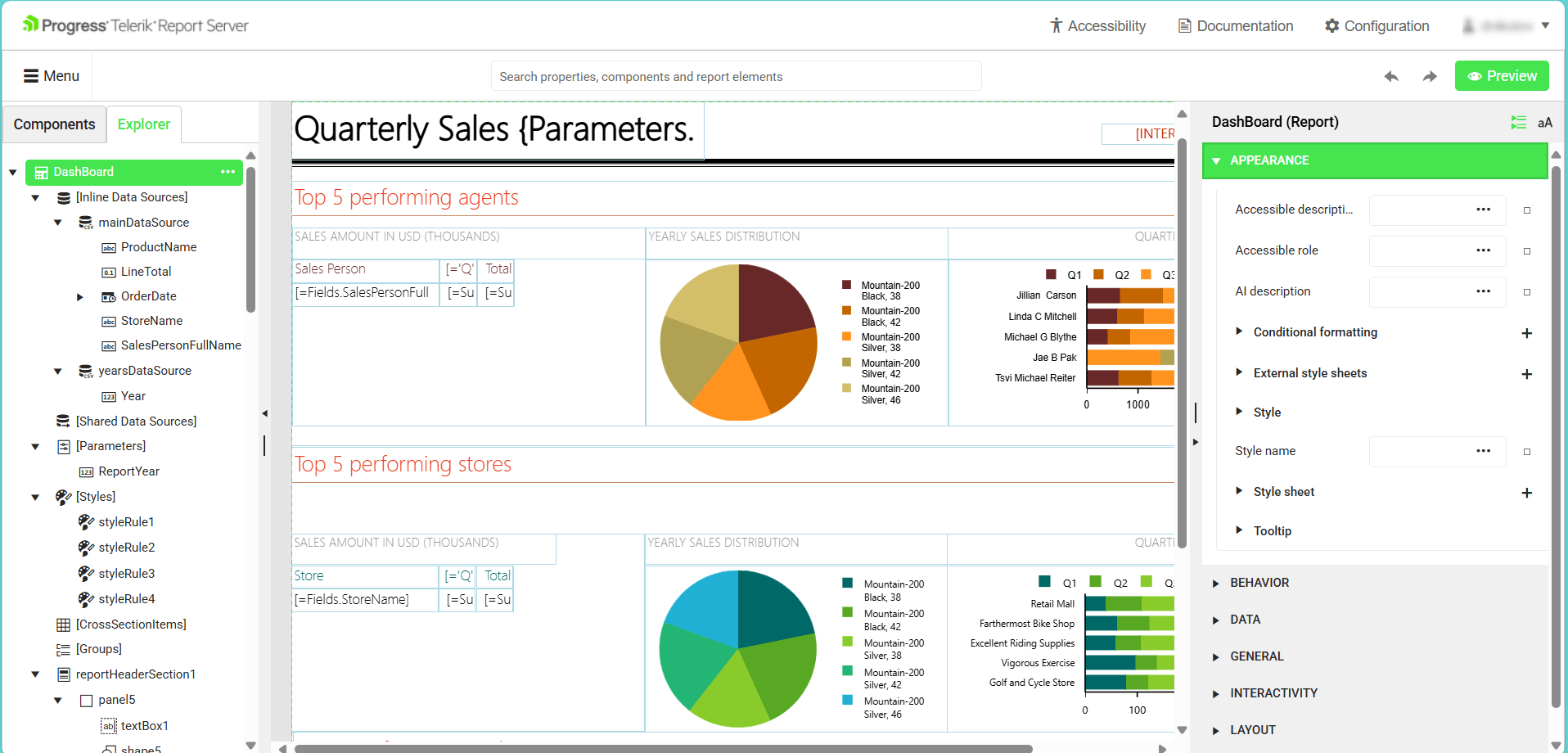 Overview of the internal Web Report Designer with changed colors