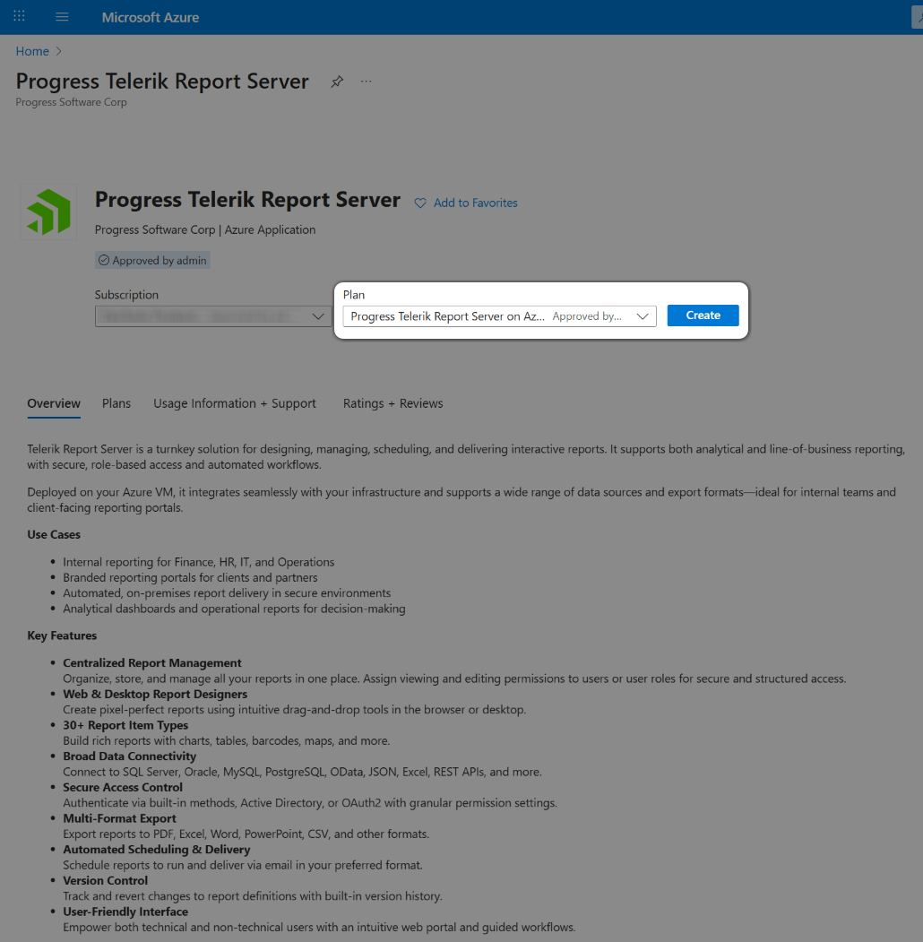 Creating resource for Report Server .NET on Azure Marketplace.