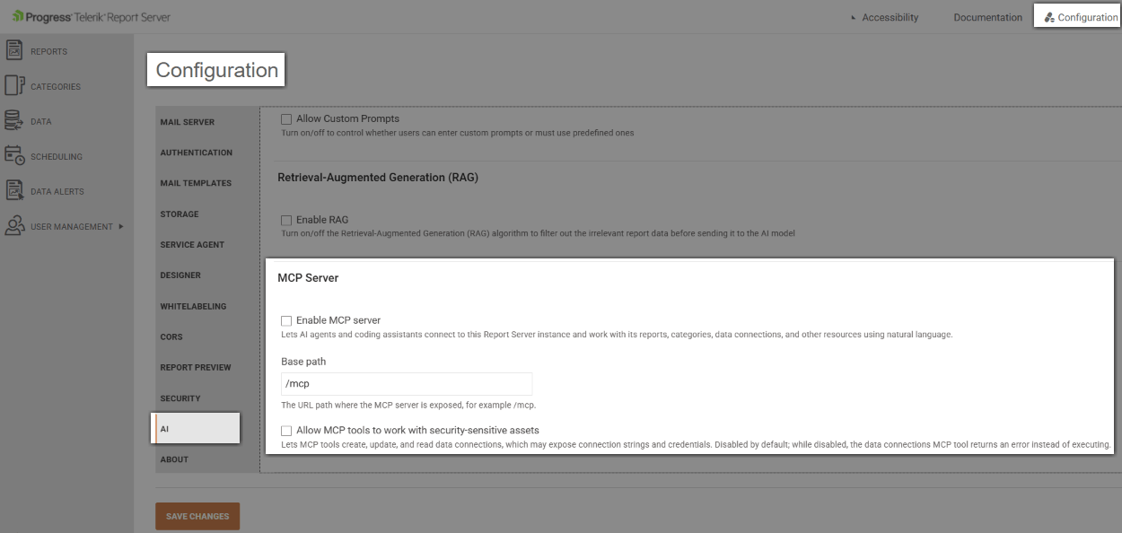 The AI Settings view showing the Enable MCP Server switch, the sensitive-data switch, and the base path field highlighted in the AI Configuration section of the Report Server .NET.