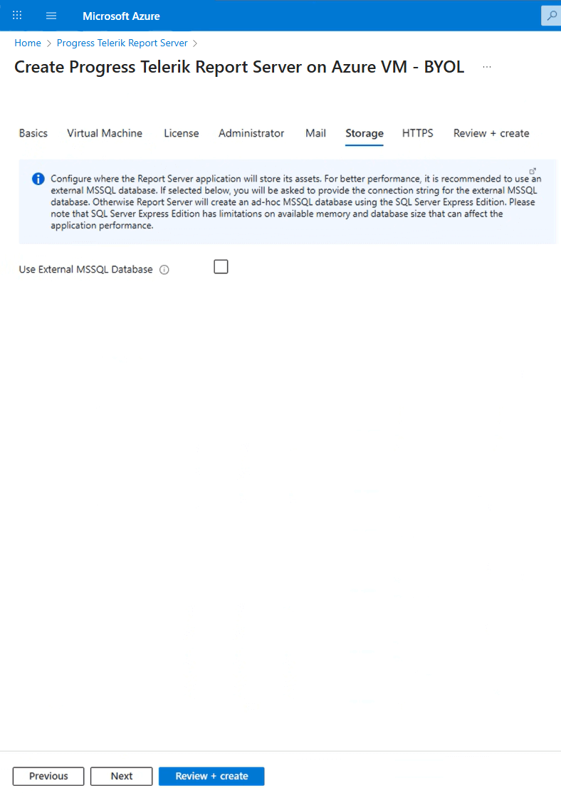 Configuring the optional Storage section of the Report Server .NET resource on Azure Marketplace.