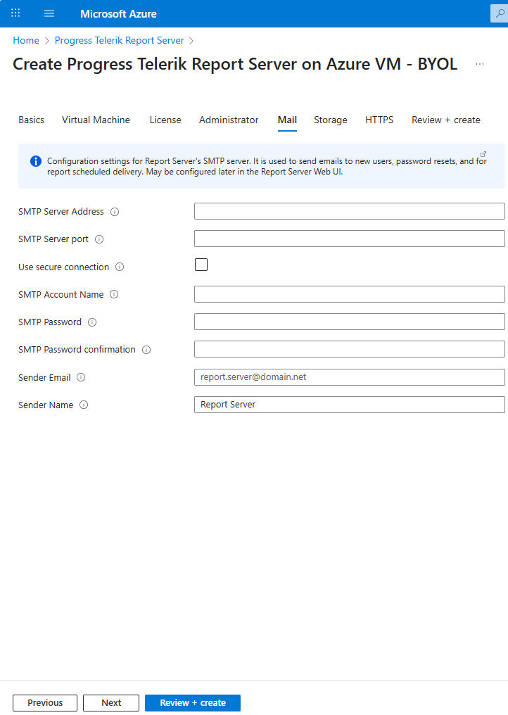 Configuring the optional Mail section of the Report Server .NET resource on Azure Marketplace.