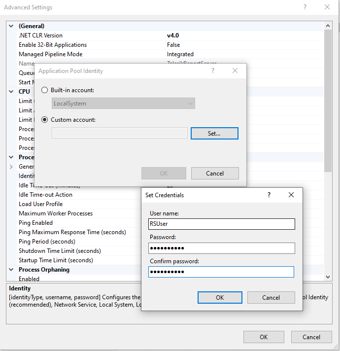Changing the Application Pool Identity to Custom account and setting the credentials.