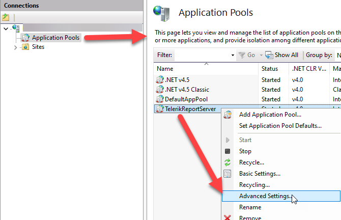 Opening Advanced Settings of the TelerikReportServer Application Pool.