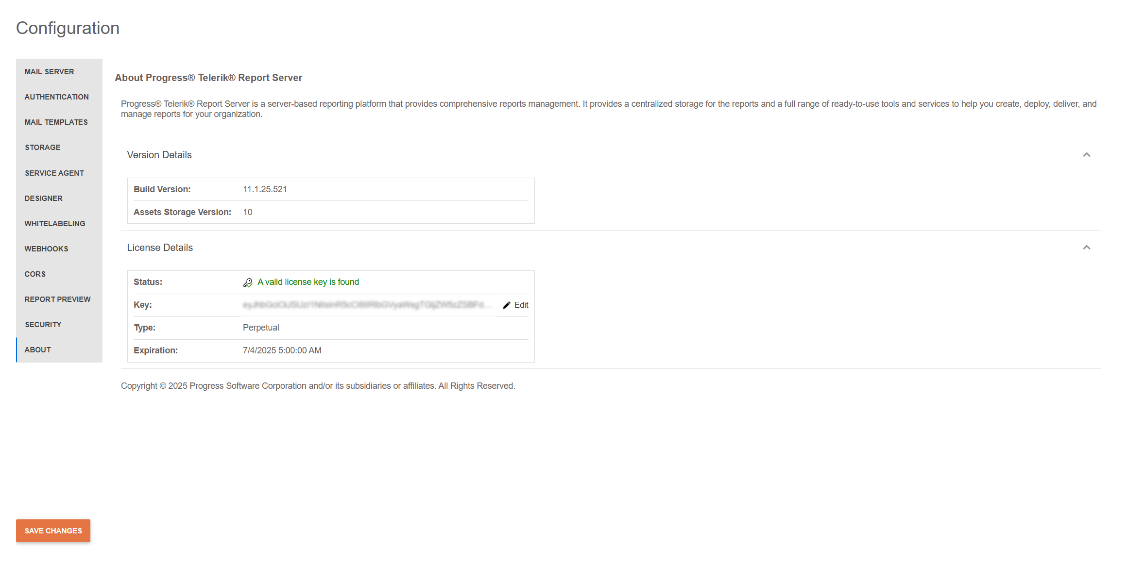 An image displaying how the About section of the Configuration page looks with applied license.