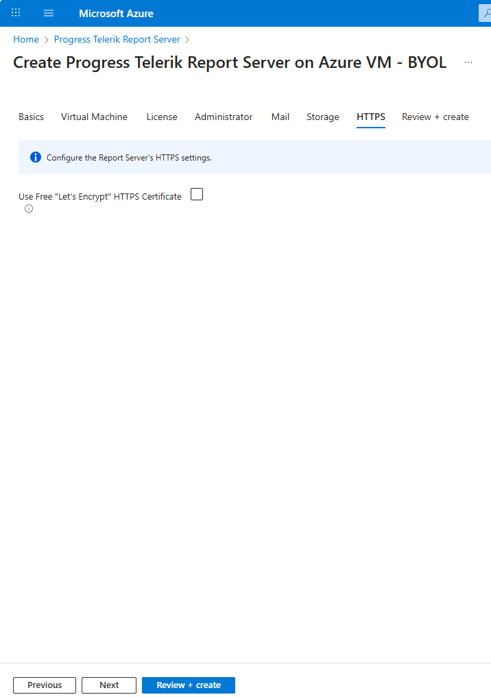 Configuring the optional HTTPS section of the Report Server .NET resource on Azure Marketplace.