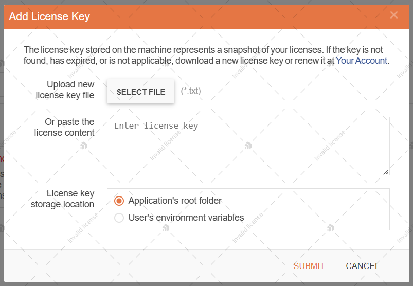 An image of how the "Add License Key" window looks like when opened.