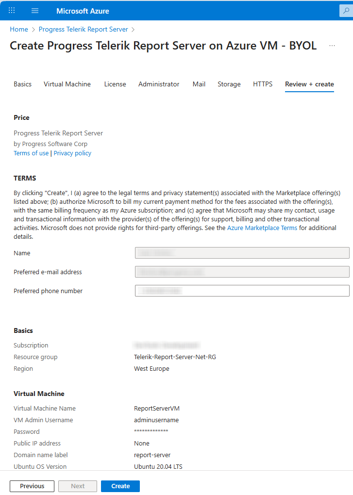 Review the Report Server .NET resource settings on Azure Marketplace.