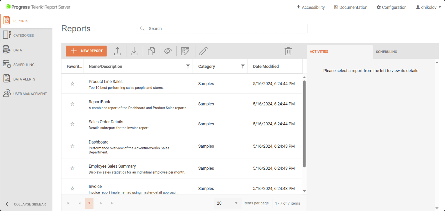 The reports view of the Report Server for .NET