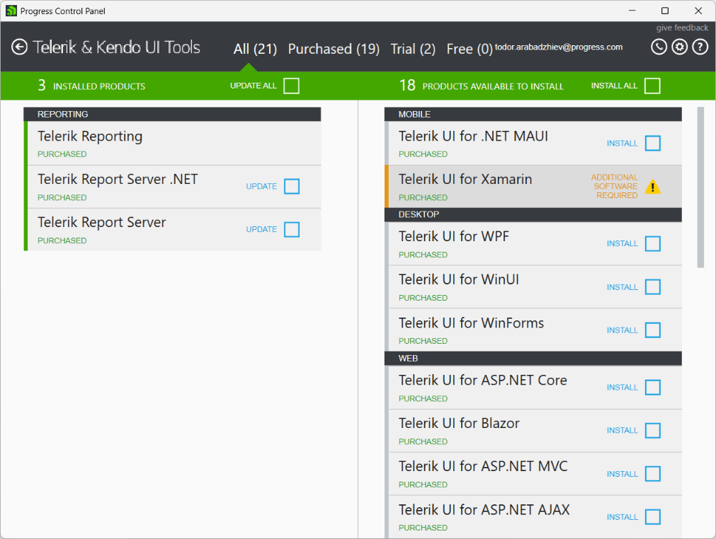 Progress Control Panel with the installed and the available to install Progress Telerik products.