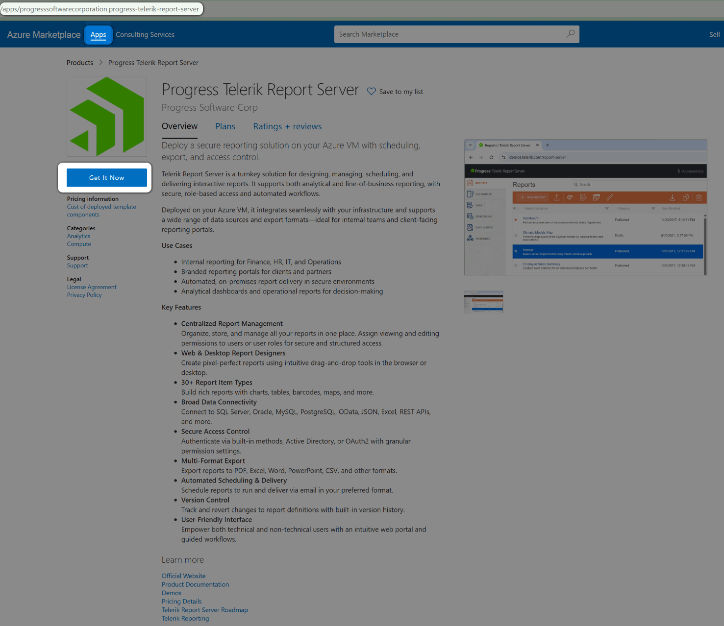 Access Progress Telerik Report Server on the Azure Marketplace.